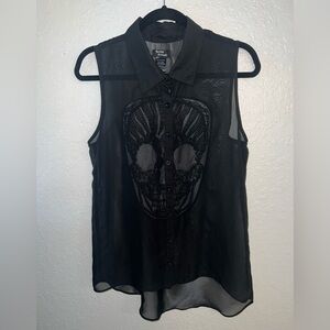 Teenage Runaway Sheer Skull Sleeveless Button Up Sz L Shirt Top Halloween Womens